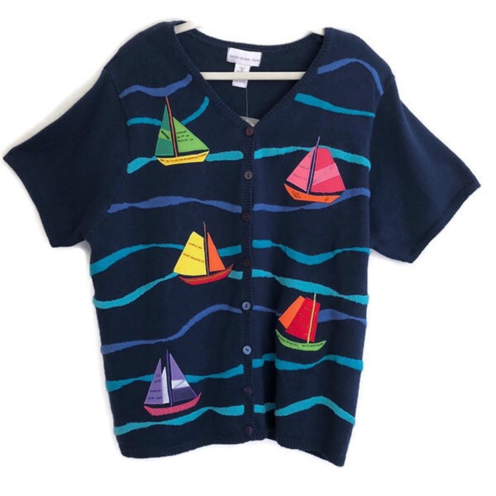 NWT Susan Graver Short Sleeve Sweater With Boats / Size 1X